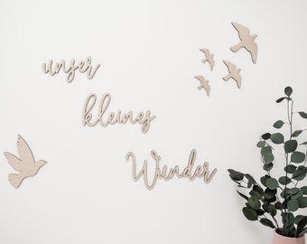 Wall decoration set "Unser kleines Wunder" | Wall quote kids room | 3D wall tattoo children's room | Wall decoration birds