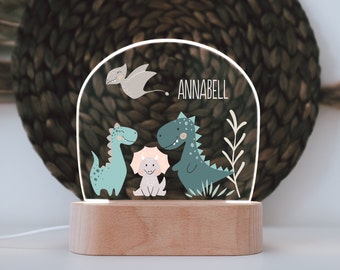 personalized dino acrylic nightlight | engraved wooden base | perfect gift for a new baby | baptism | decorative addition to a child's room