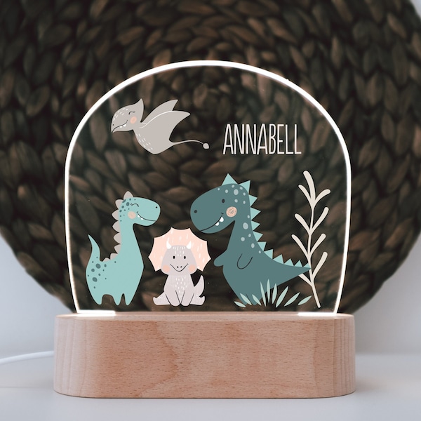 Luz nocturna "Dino Friends" personalizada hecha en acrílico, base de madera grabada, habitación infantil, regalo personal para nacimiento, bautismo