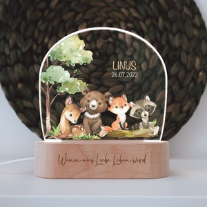 personalized coloured woodland nightlight | engraved wooden base | gift for a new baby | baptism | decorative addition to a child's room