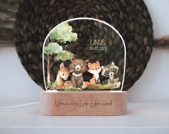 Luce notturna "Woodland" personalizzata in colori vivaci, incisione su base in legno, regalo nascita bambino, cameretta dei bambini, regalo compleanno personale, battesimo