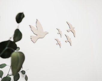 Wall Decor Birds 3D Effect, Beech Wood 4mm – 5-Piece Set for Kid's Room, Nursery & Living Room, No Drill Wall Art