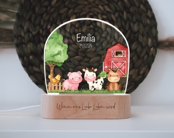 Luce notturna "Fattoria" personalizzata in colori vivaci, incisione su base in legno, regalo nascita bambino, cameretta dei bambini, regalo compleanno personale, battesimo