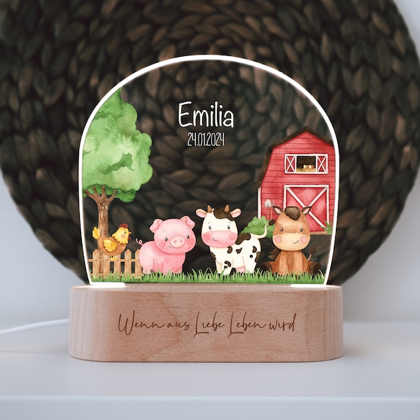 Veilleuse « Ferme » personnalisée en gravure colorée, socle en bois, cadeau bébé naissance, chambre d'enfant, cadeau anniversaire personnel, baptême