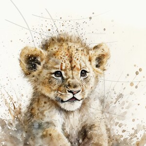Aquarell-Gemälde eines niedlichen Löwenbabys, das liebevoll und detailreich gestaltet ist. Perfekte Wanddekoration für das Kinderzimmer, die Wärme und Abenteuerlust ausstrahlt. Dieses einzigartige Kunstwerk weckt die Fantasie und fügt jedem Raum eine sanfte, wilde Note hinzu. Ideal als Geschenk für kleine Tierliebhaber.