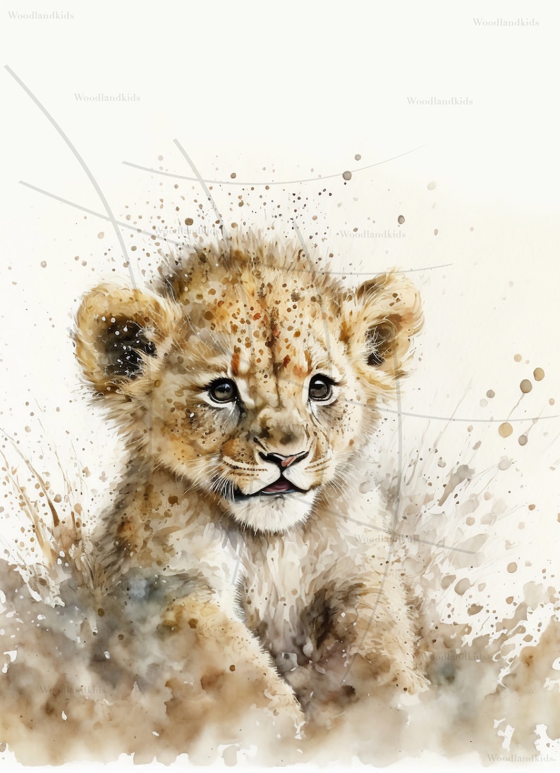 Aquarell-Gemälde eines niedlichen Löwenbabys, das liebevoll und detailreich gestaltet ist. Perfekte Wanddekoration für das Kinderzimmer, die Wärme und Abenteuerlust ausstrahlt. Dieses einzigartige Kunstwerk weckt die Fantasie und fügt jedem Raum eine sanfte, wilde Note hinzu. Ideal als Geschenk für kleine Tierliebhaber.