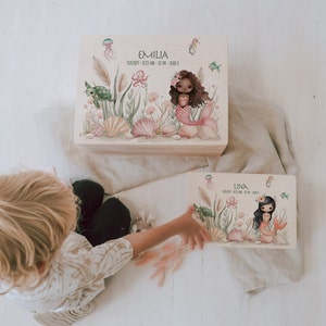 Personalized memory box made of untreated birch wood with name Mermaid For storing and decorating Baptism birth image 2