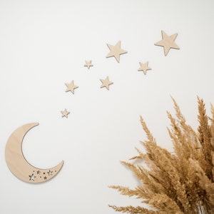 Décoration murale en bois "Lune et étoiles" | Ensemble ou individuellement | Autocollant mural 3D | Chambre d’enfant d’art mural | Étoiles en bois | Lune en bois