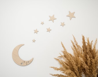Moon and Stars Wall Decor for Kids Room – 3D Effect Beech Wood Set, 7 Stars & Moon, No-Drill Nursery Wall Art