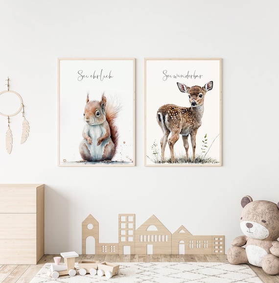 Kinderzimmer Poster Waldtiere mit Spruch, Aquarell-Kunstdruck auf Hahnemühle 260g – Geschenk zur Geburt oder Taufe, A3 A4 A5