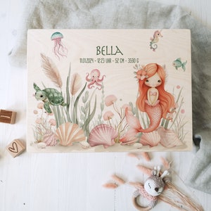 Personalized memory box made of untreated birch wood with name Mermaid For storing and decorating Baptism birth Motiv 2