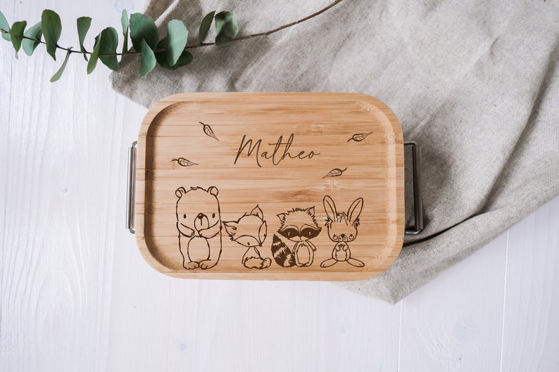 personalisierte Lunchbox aus Edelstahl mit Holzdeckel Brotdose für Kinder Waldtierfreunde Bild 1