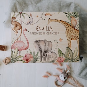 Caja de recuerdos de bebé personalizada hecha de madera de abedul sin tratar con nombre | Jungla | Para almacenamiento y decoración | Bautismo Nacimiento