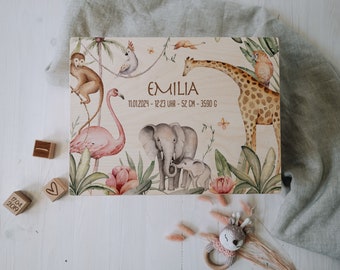 Baby Shower Gift Personalized - Memory Box Jungle with Name, Birth or Baptism Gift Newborn Boy Girl, FSC Birch Wood Keepsake Box