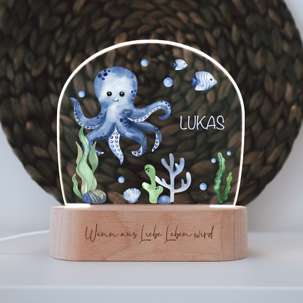 Nachtlicht "Oktopus" im bunten Design personalisiert, Holzfuß Gravur, Geschenk zur Geburt fürs Kinderzimmer oder zur Taufe