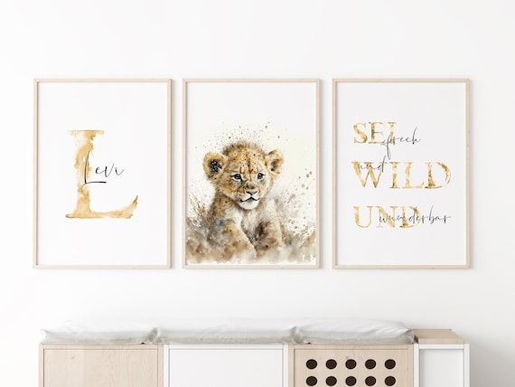 Löwen Poster Set 3-teilig, personalisiert mit Name - Aquarell Kinderzimmer Wanddeko auf Hahnemühle, A5-A3