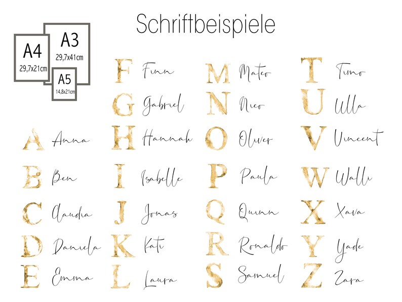 Elegante personalisierte Wandkunst: Entdecken Sie unsere stilvollen Buchstaben-Poster in den Formaten A3, A4 und A5. Jeder Buchstabe ist kunstvoll mit goldenen Akzenten gestaltet und wird durch handgeschriebene Namen ergänzt. Eine perfekte Dekoration für Ihr Zuhause, die Individualität und Charme versprüht. Verleihen Sie Ihren Wänden eine persönliche Note und schaffen Sie eine warme Atmosphäre.