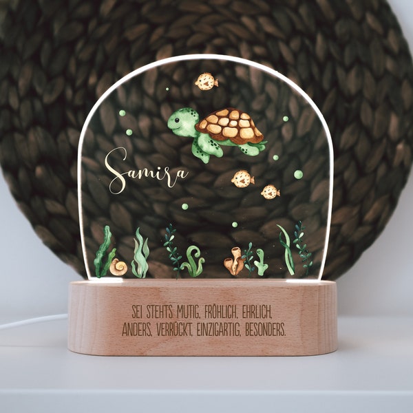 Nachtlicht "Schildkröte" personalisiert aus Acryl, Holzfuß Gravur, Geschenk Geburt, Kinderzimmer, Persönliches Geburtstagsgeschenk, Taufe