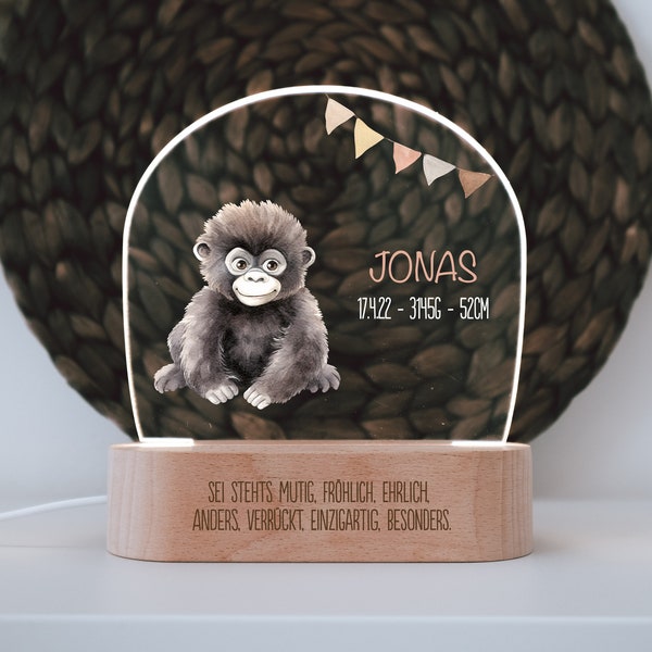 Night light "Gorilla" personalized made of acrylic, wooden base engraving, birth gift, children's room, personal birthday gift, baptism