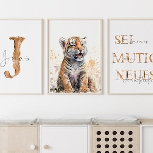 Cuadro de pared de tigre personalizado con nombre | Póster Nacimiento | Habitación infantil | Regalo Animales Imágenes Bebé Decoración de la Pared Impresión del Arte | Imagen única