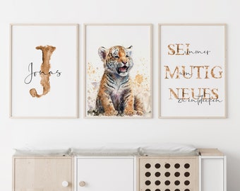 Tiger wall art set personalized with name or single print, poster birth nursery gift animal pictures child baby room wall decor art print