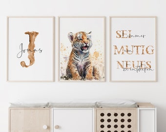 Baby Shower Gift Boy - Tiger Poster Set 3pc Personalized with Name, Nursery Wall Art Safari, Watercolor Art Print Hahnemühle A3/A4/A5