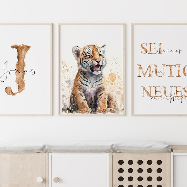 Tiger Wandbilder Set mit Name personalisiert | Poster Geburt | Kinderzimmer | Geschenk Tiere Bilder Baby Wand Deko Kunstdruck | Einzelbild