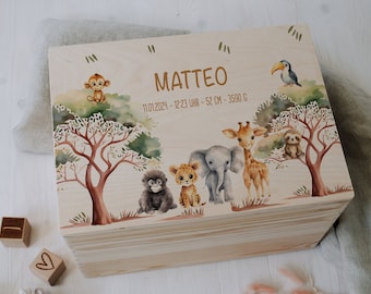 Baby Shower Gift Personalized – Safari Memory Box Wooden with Name, Newborn Gift Boy or Girl, Birth & Baptism Gift, FSC Birch