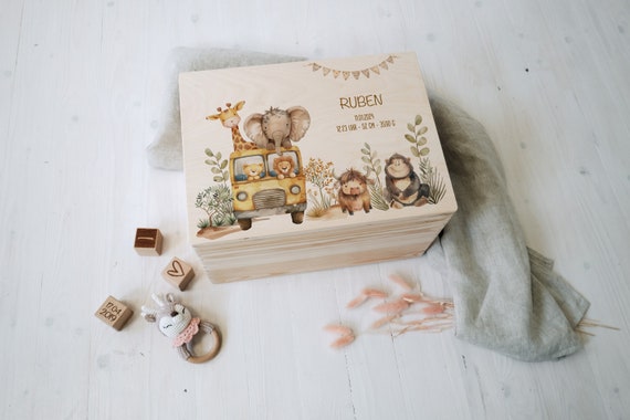Personalized memory box with animal adventurers | For storing and decorating | Gift idea for baptism or birth