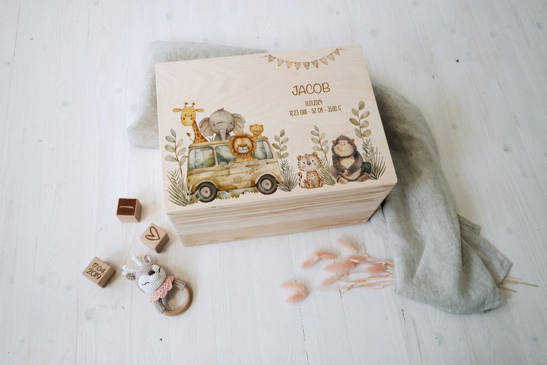 Baby Shower Gift Personalized – Memory Box Safari Animals With Name ...