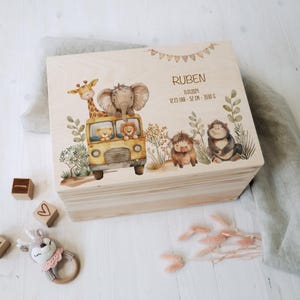 Personalisierte Erinnerungskiste mit Roadtrip Tieren | Zum aufbewahren und dekorieren | Geschenkidee zur Taufe oder Geburt