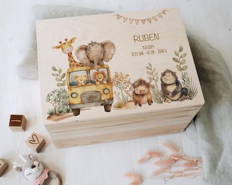Baby Shower Gift Personalized – Memory Box Safari Animals with Name, Birth or Baptism Gift Newborn Boy Girl, FSC Birch Wood Keepsake Box