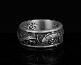 Asian Dragon And Silver Carp Ring, Chinese Legend, Asian Mythology Jewelry, Japanese Culture, Spiritual Design, Unisex Gothic Style