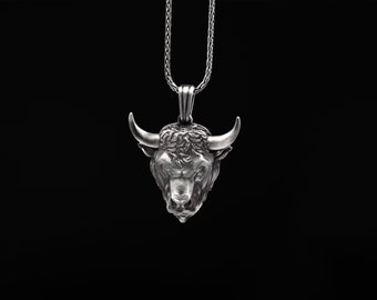 Bull Necklace, Handmade Silver Gifts, 925 Sterling Silver Animal Jewelry, Bull Pendant, Birthday Present , Unisex Charm Necklace, Bull Horn