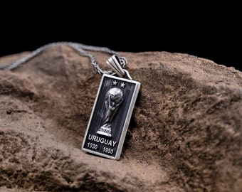 Uruguay World Cup Necklace For Qatar 2022, World Cup Tropy Football Necklace For Men, Engraved Necklace in Silver, Everyday Necklace For Dad