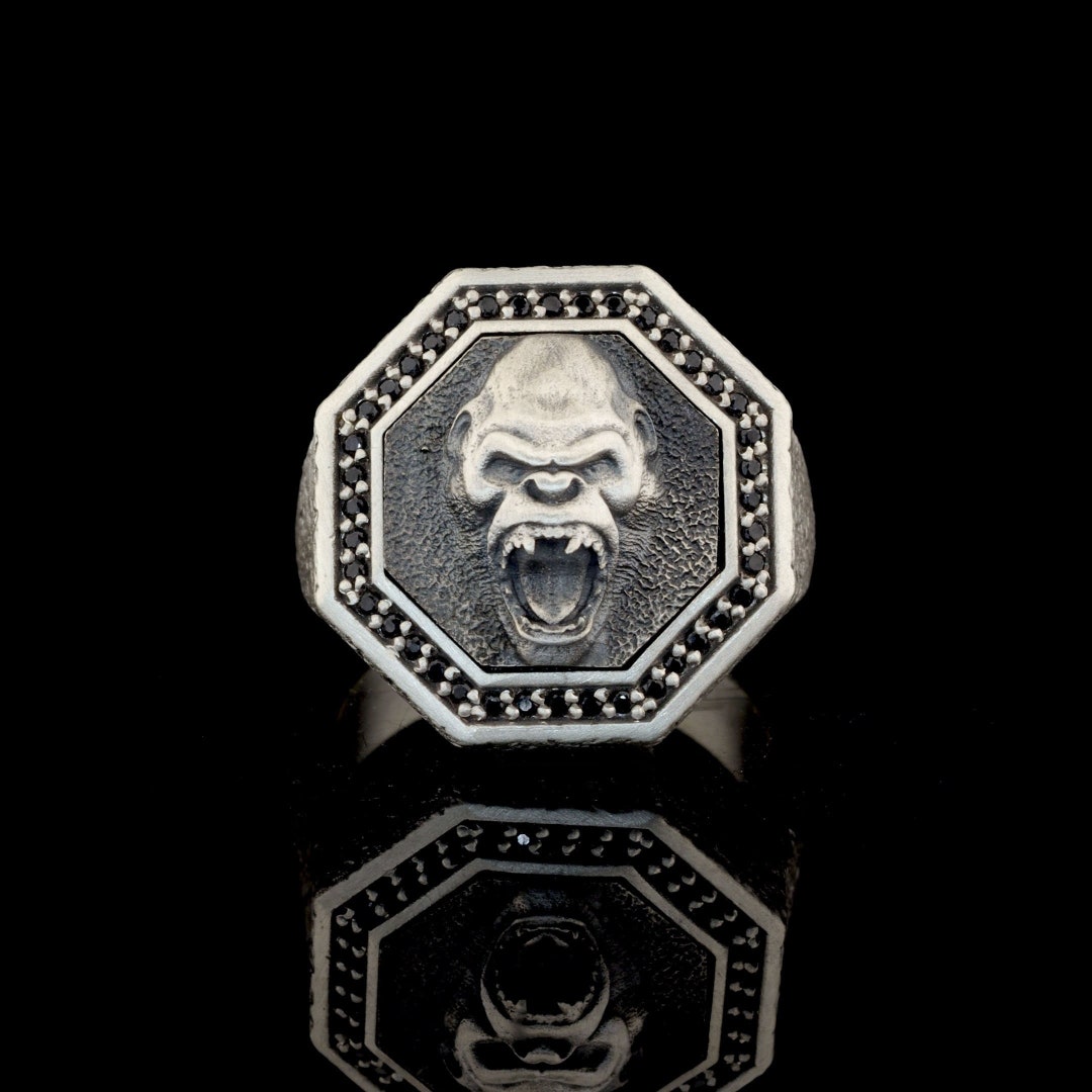 Gorilla Ring, Silver Handmade Natural Stone Gorilla Ring, Unisex Animal ...