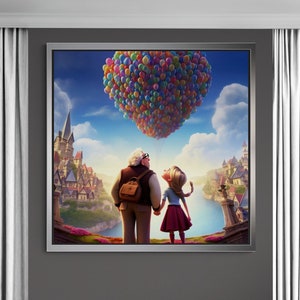 Up Movie Wall Art, Pixar Canvas, Kleurrijke Ballonnen Artwork, Kinderkamer Canvas, Up Pixar Wall Art, Up Pixar Ballonnen, Goud Ingelijst Canvas
