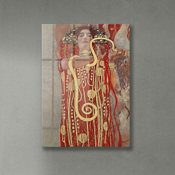 Tempered Glass Wall Art, Gustav Klimt Wall Art, Glass Wall Art, Large Wall Art, Famous Hygeia Wall Decor, Goddess Woman Tempered Glass