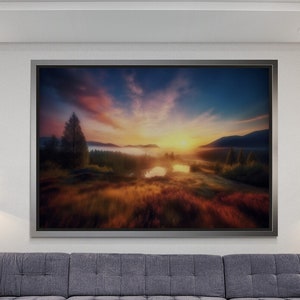Sunset Canvas, Lake Landscape Canvas, Nature Wall Art, Large Canvas, Forest Wall Art, Sunset Artwork, Sunset and Lake, Silver Framed Canvas