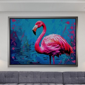 Pink Flamingo Framed Canvas, Pop Art Flamingo, Nordic Flamingo Wall Art, Abstract Animal Canvas, Animal Wall Art, White Framed Canvas