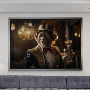 Hat Monkey Wall Art, Waiter Monkey Canvas, Animal Wall Art, Funny Monkey Canvas, Fun Wall Art, Monkey in Suit Artwork, Gold Framed Canvas