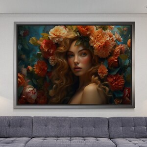 Floral Women&#39;s Canvas, Woman Wall Art, Beautiful Woman Canvas, Flowers Wall Art, Modern Artwork, Woman Floral Portrait, Silver Framed Canvas