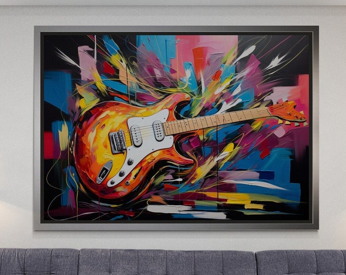 Guitar Wall Art, Musical Instrument Wall Art, Guitar Wall Art, Pop Art Canvas, Music Wall Art, Colorful Guitar Art, Gold Framed Canvas