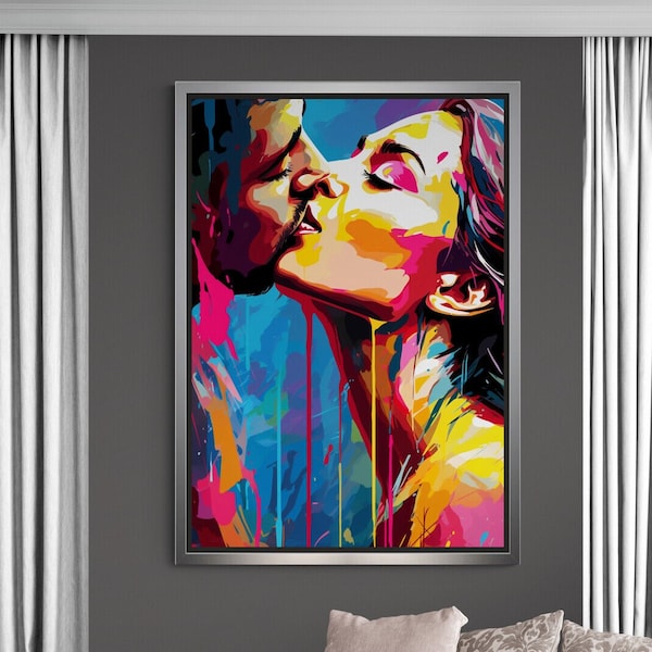 Abstract Kissing Canvas, Romantic Couple Wall Art, Colorful Wall Art, Lovers Canvas, Kissing Couple Canvas, Lovers Art, Gold Framed Canvas