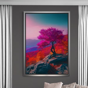 Colorful Tree Wall Art, Mountain Canvas, Nature Landscape Canvas, Purple and Pink Leaves, Purple Tree Wall Art, Silver Framed Canvas