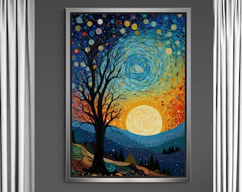 Starry Sky Canvas, Tree Canvas, Mosaic Style Wall Art, Van Gogh Style, Moon Wall Art, Large Wall Art, Landscape Canvas, Silver Framed Canvas