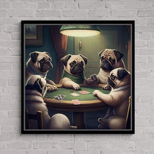 Spielende Hunde Wandkunst, Mops Leinwand, Tier Wandkunst, Hunde Spielkarten, Spaß Wandkunst, Kartenspiele Leinwand, Abstrakte Kunst, Weiße gerahmte Leinwand
