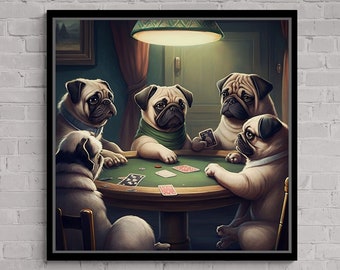 Gambling Dogs Wall Art, Pug Canvas, Animal Wall Art, Dogs Playing Cards, Fun Wall Art, Card Games Canvas, Abstract Art, White Framed Canvas