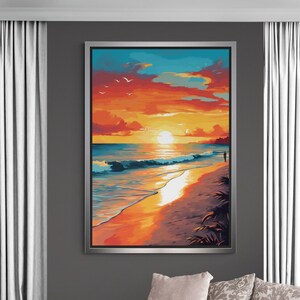 ビーチ風景キャンバス、サンセットウォールアート、ビーチサンセットアートワーク、大型ウォールアート、海景キャンバス、自然ウォールアート、シルバーフレームキャンバス