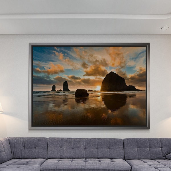 Haystack Rock Framed Canvas, Cannon Beach Wall Art, Pacific Ocean Canvas, Sunset View Wall Art, White Framed Canvas, Pacific Ocean Coast Art